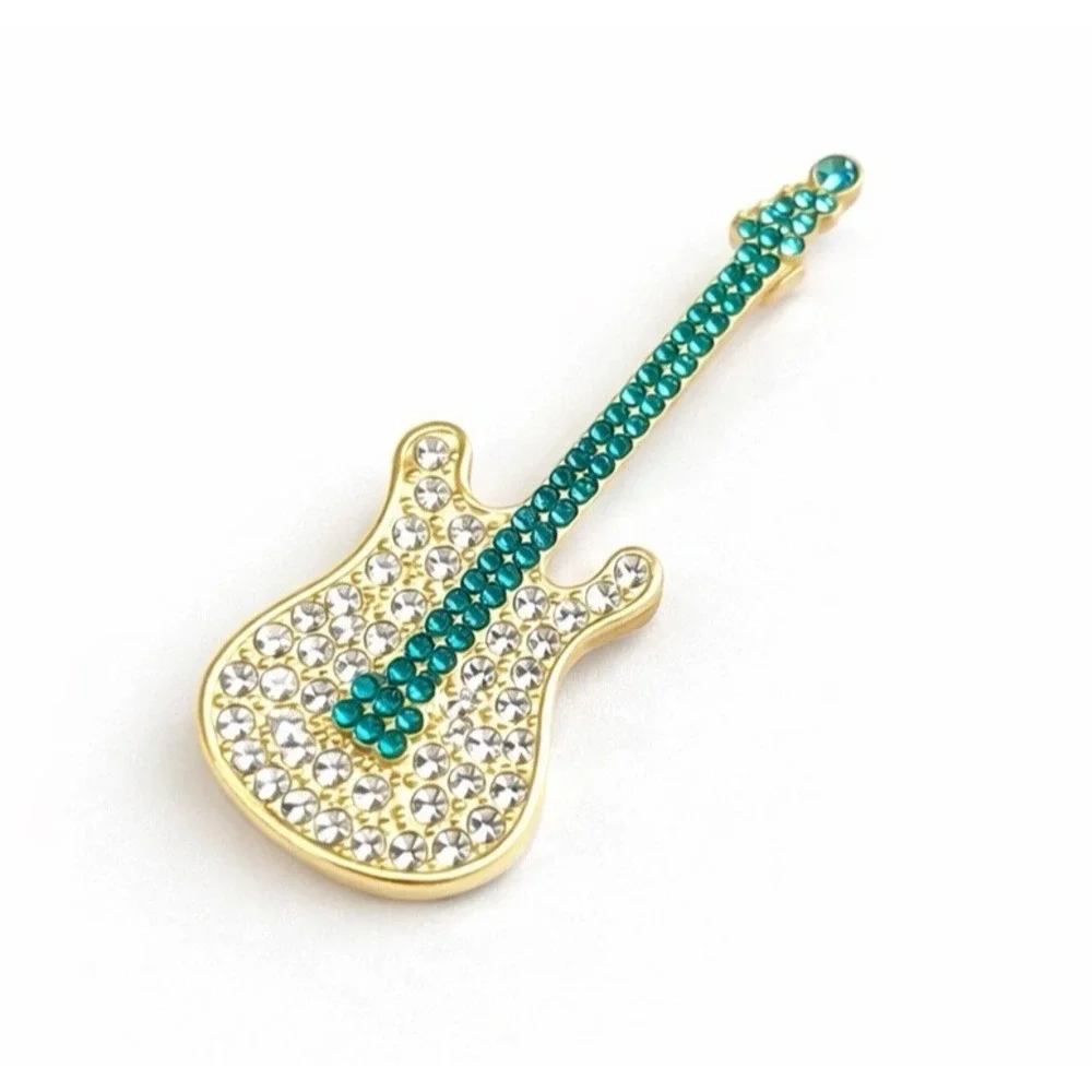 Teal Rhinestone Electric Guitar Brooch with Gold Tone Metal Accent Pin 2.25